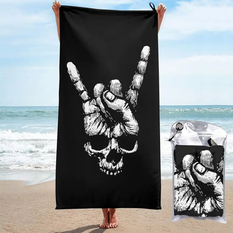 Skull Hand Sign Of The Horns Heavy Metal Rock N Roll Band Tattoo Quick dry Towel Surf Wrapped Absorbent Beach Blanket