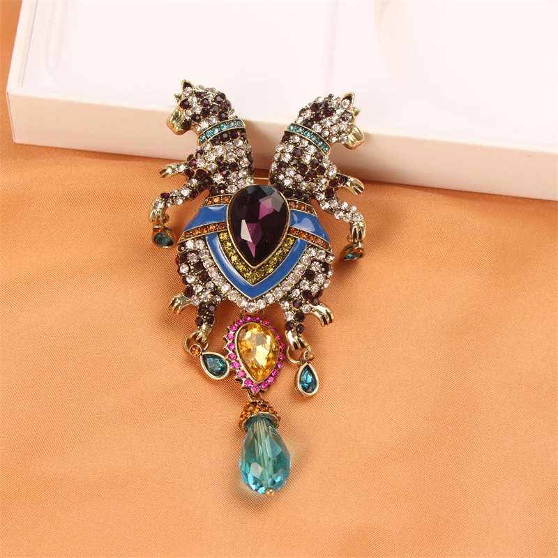 Large Size Heavy Industry Double Leopard Brooch Luxury Personality Fashion Animal Pins Vintage Unisex Corsage Accessories
