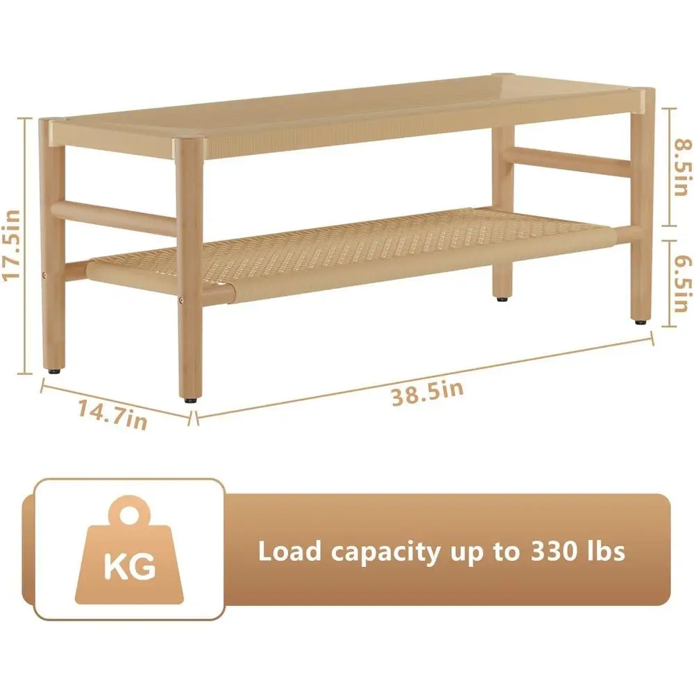 天然38.5籐製シューズラック、2段式、木製脚付き、玄関、リビング、廊下用のスタイリッシュな収納ベンチ