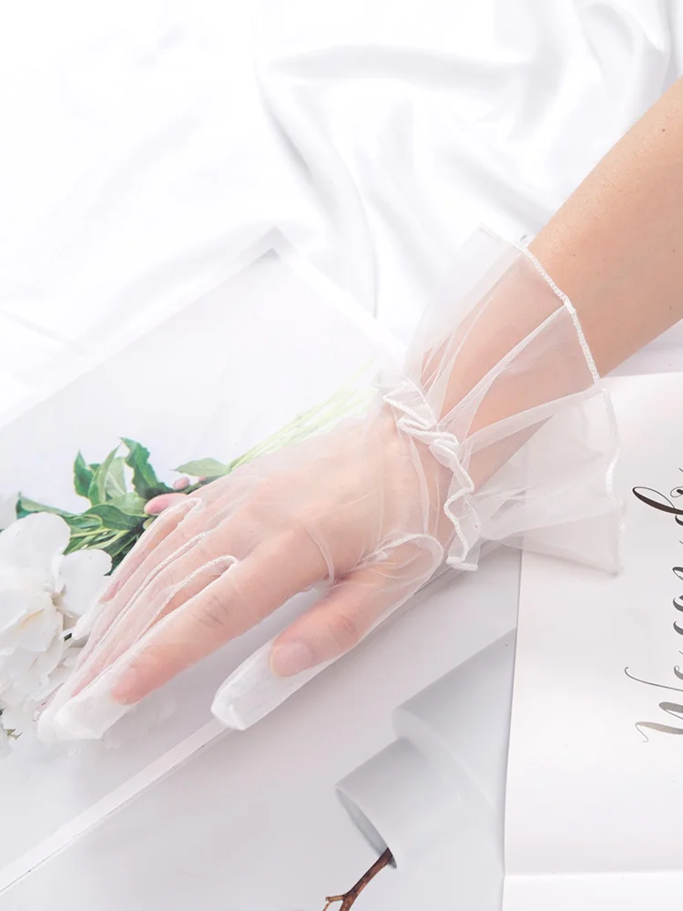 Neue sexy transparente Spitze schwarz weiß Handschuhe einfarbig Mode Frauen fahren kurze Tüll handschuhe Mesh dehnbare Hochzeits handschuhe – Detail 7