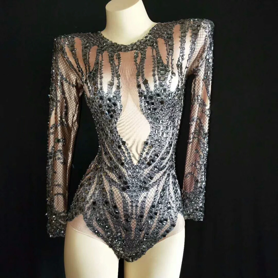 

Sparkly Black Crystals Nude Bodysuit Women Performance Outfit Costume Party Celebrate Glisten Rhinestones Leotard Stage Wear