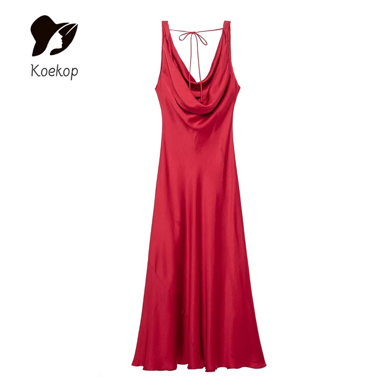 فساتين Koekop النسائية ذات اللون الصلب والمزخرفة من الساتان، فساتين كلاسيكية كاجوال بدون ظهر أنيقة للسيدات، تنانير #2