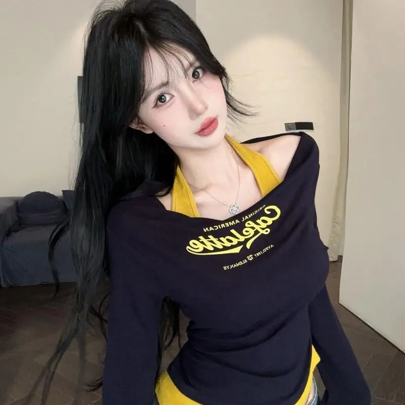 かわいい女の子ファッション トップス 学生風 漫画風 カジュアル レディース服 2025 春秋新作 ピュアカラー ブロックカラー ホルターネック フェイク