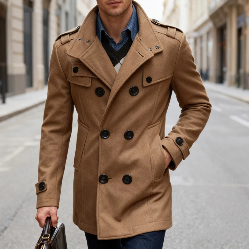 Men’s Double-breasted Woolen Overcoat Fashion Solid Color Mid-length Jacket Luxury Light Business Stand Collar Trench Coat M-3XL 5 Men's Double-breasted Woolen Overcoat Fashion Solid Color Mid-length Jacket Luxury Light Business Stand Collar Trench Coat M-3XL 5