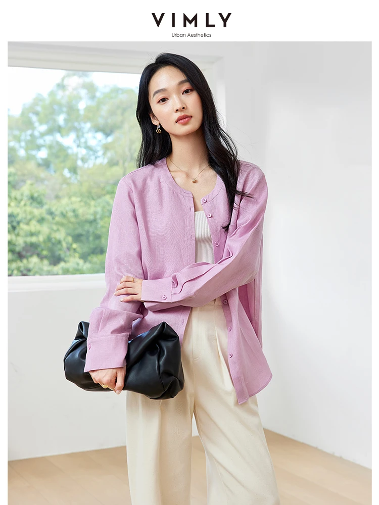 VIMLY Women Autumn Commuter 100% Linen T-Shirt Blouse Vintage Straight Loose Shirt Casual Long Sleeve Simple Cardigan Tops