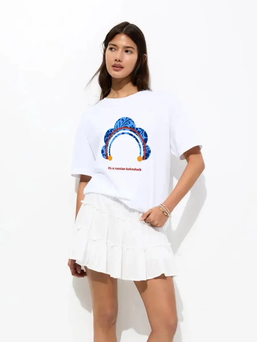 الروسية Kokoshnik تاج الطباعة تي شيرت تصميم الأزياء أنيقة المرأة الجرافيك المحملة 100% القطن الخالص حجم كبير فضفاض بلايز عادية