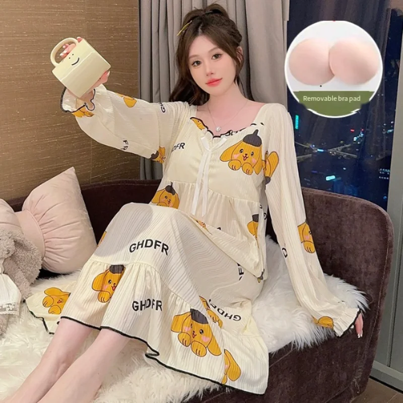 

Sanrio Pompom Purin Women Sleeping Skirt Kawaii Cartoon Young Girl Autumn Long Sleeves Sleeping Pajamas Home Clothes Dress New