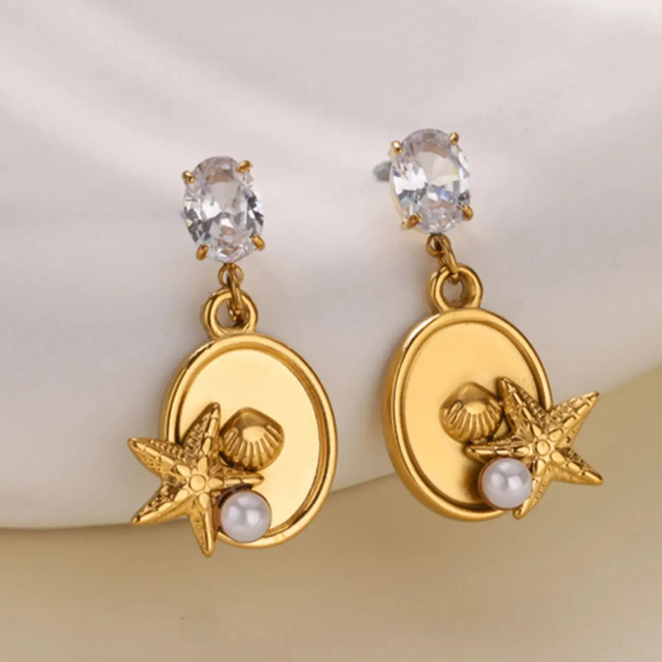 Luxury Zircon Starfish Stud Earrings For Women Gold Color Stainless Steel Starfish Shell Earring Vacation Party Jewelry Gift