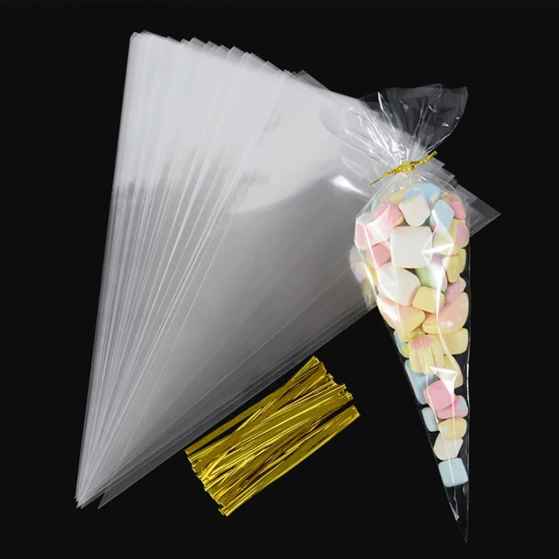 50pcs Clear Cone Candy Storage Bags Cones Transprant Plastic Bag Popcorn Candy Bags For Baby Shower Wedding Party Bags Supplies