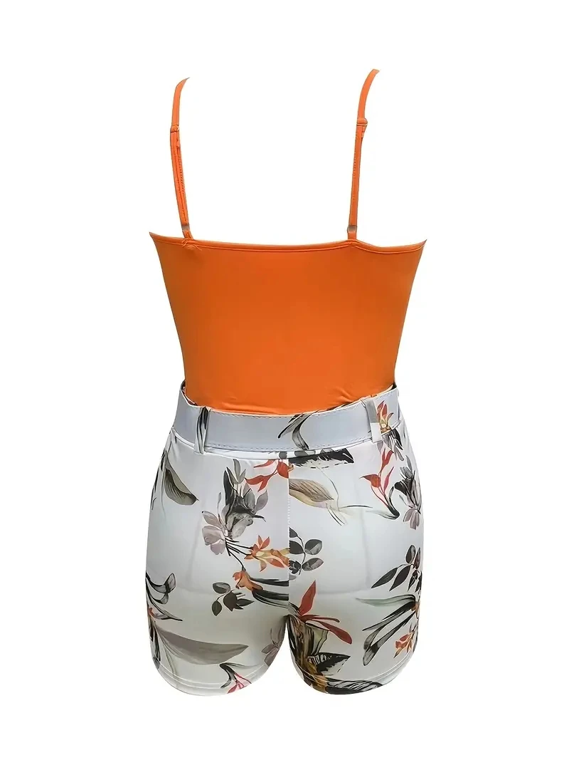 European and American cross-border new women\'s V-neck camisole and plant print shorts suit with belt