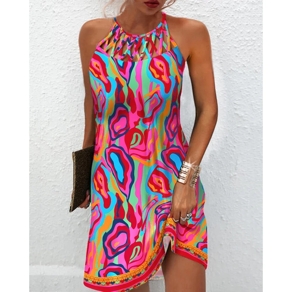 

Summer Vacation Women Abstract Print Hollow out Short Halter Dress Femme Casual Sleevless Mini Dress Lady Streetwear Vestidos