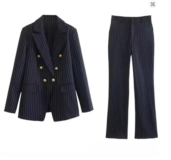 

Fashion Striped Women Suits Navy Blue Peak Lapel Double Breasted Smart Casual Outfits Business Office Lady Pinstripe Pants Sets
