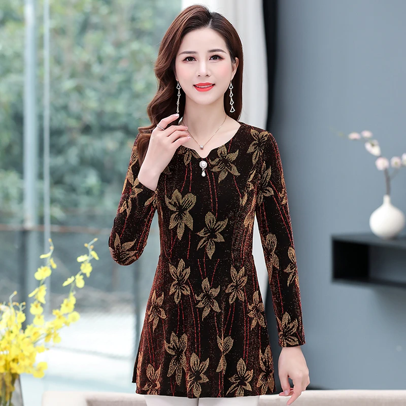 NEW Spring  Autumn Basic Shirts Blouses Women Fashion Slim Elegant Office Lady V Neck Flower gold wire long Top