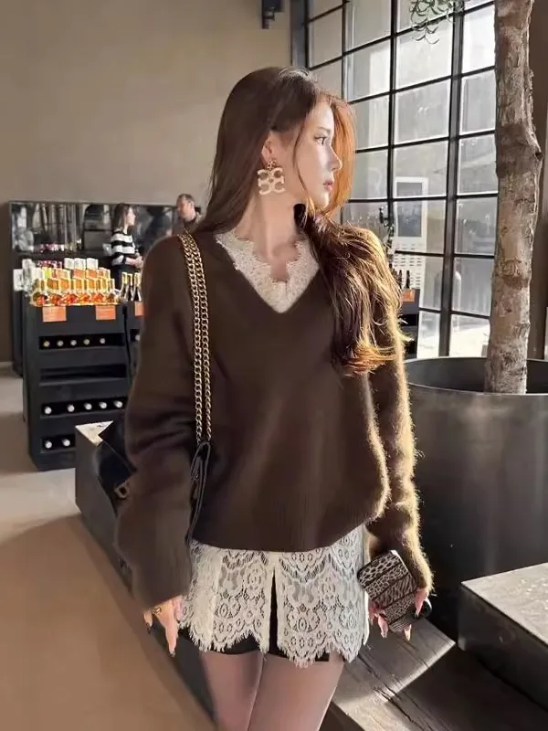 

Женский вязаный свитер V-Ne Long Sve, свободный крой, удобный теплый корейский модный топ на осень-зиму, Новое поступление