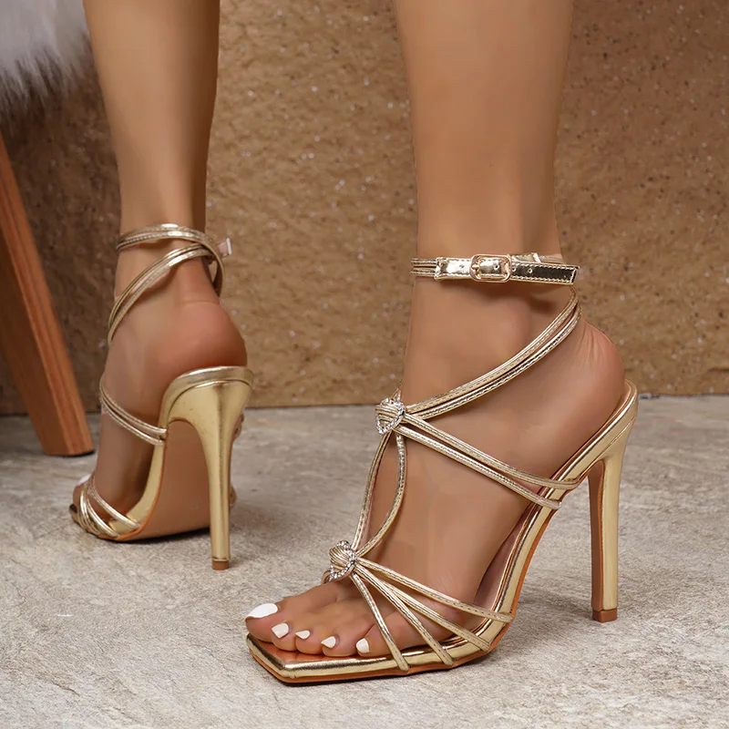 Kcenid Sexy Square Toe Summer Gladiator Narrow Band Buckle Strap Sandals Women High Heels Golden Banquet Sandals Party Shoes