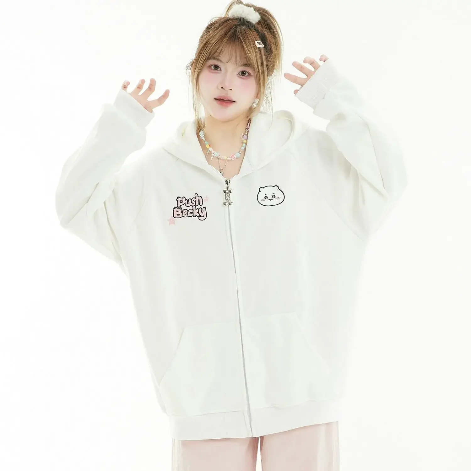 Anime Hachiware Girls Hoodie Coat Chiikawa Cartoon Autumn Cute Cotton Loose Cardigan Coat Zipper Jacket Sweet Girls Student Tops