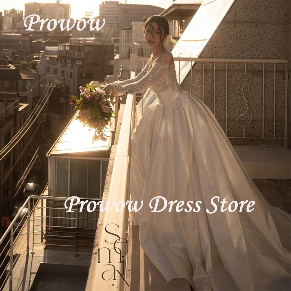 

Prowow Luxury A Line Wedding Dress Off the Shoulder Beading Ivory Bridal Gown Floor Length Zipper Pleats Silk Satin Customized