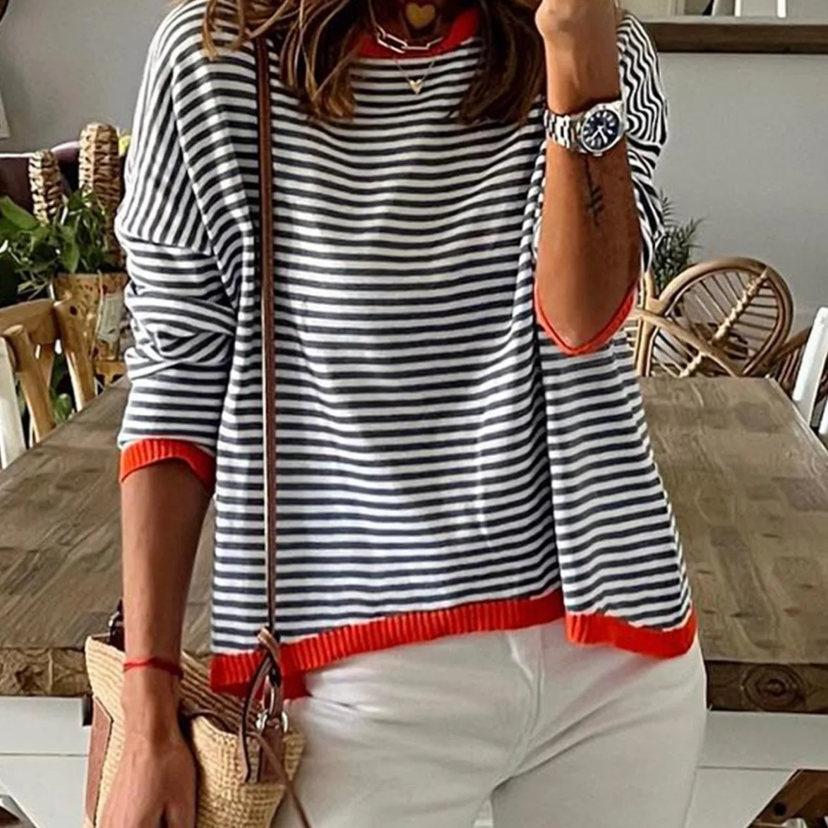 2026 Women's New Fashion Trend Advanced Basic Loose Temperament Casual Versatile Striped Contrast Long-sleeved Tops for Women