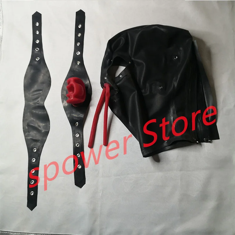 

Natural Full Head Latex Hoods Rubber Mask Fetish Cosplay Mask with Teeth Gag Nose Tube Eye Cover Trim Back Zipper Club Wear