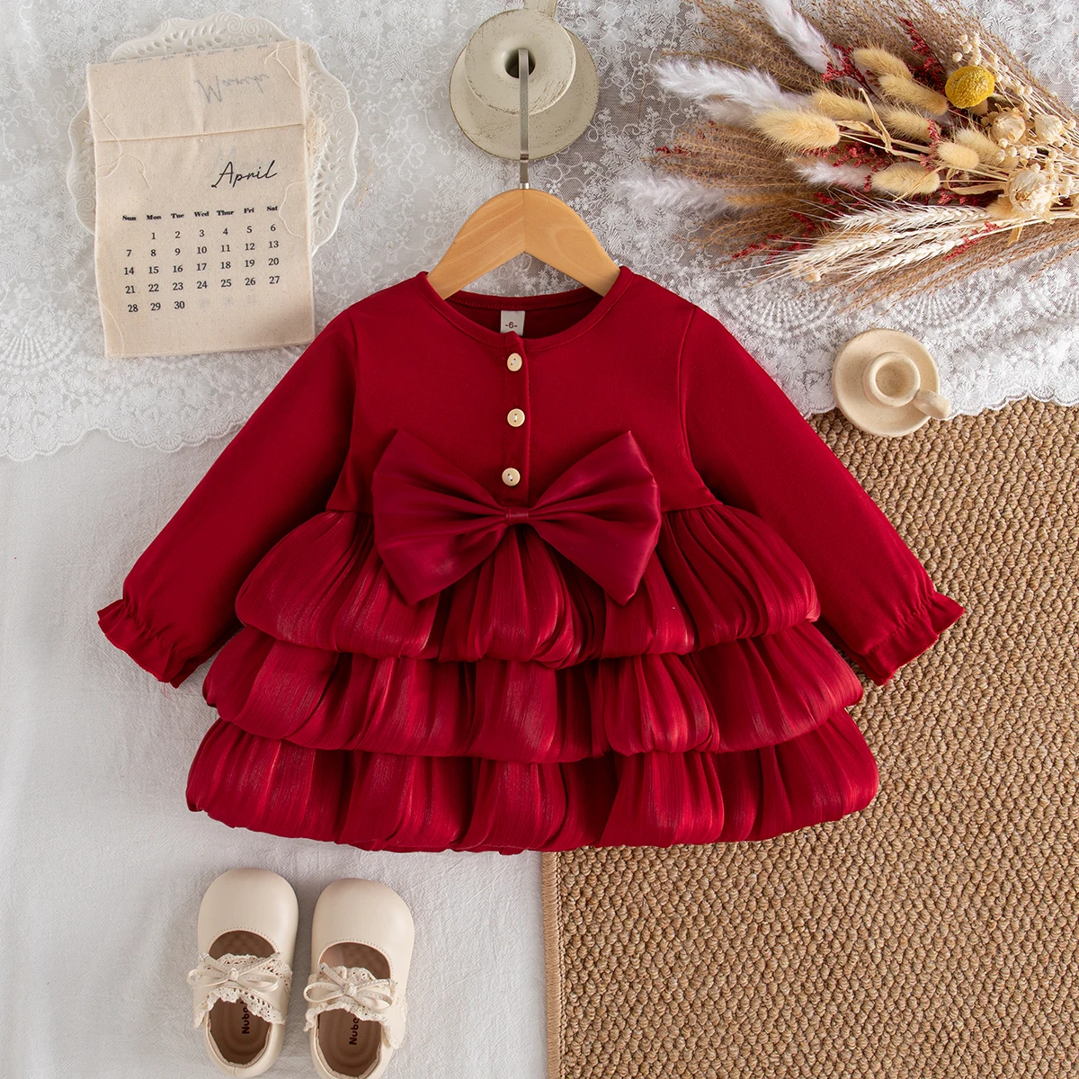 

Girls Dresses Autumn Winter Cotton Bow MultiLevel Long Sleeved Baby Girl Dress Cute Birthday Party Princess Dress Baby Clothing