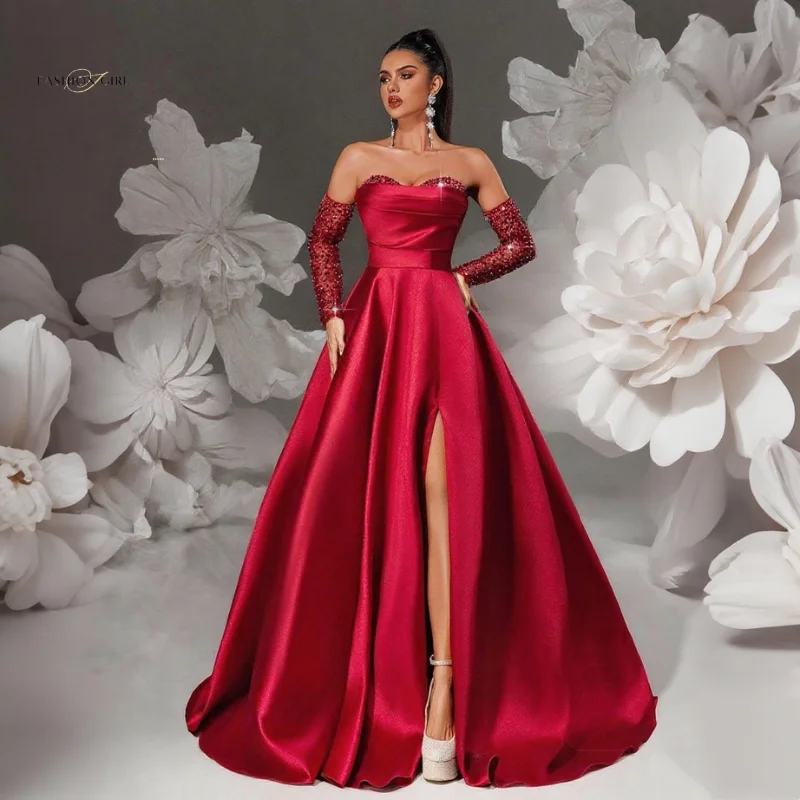 

Red Long Cocktail Dress With Fluffy Sleeves Elegant And Sexy Dress Satin Wedding Guest Dress 2025 Party Evening Dress