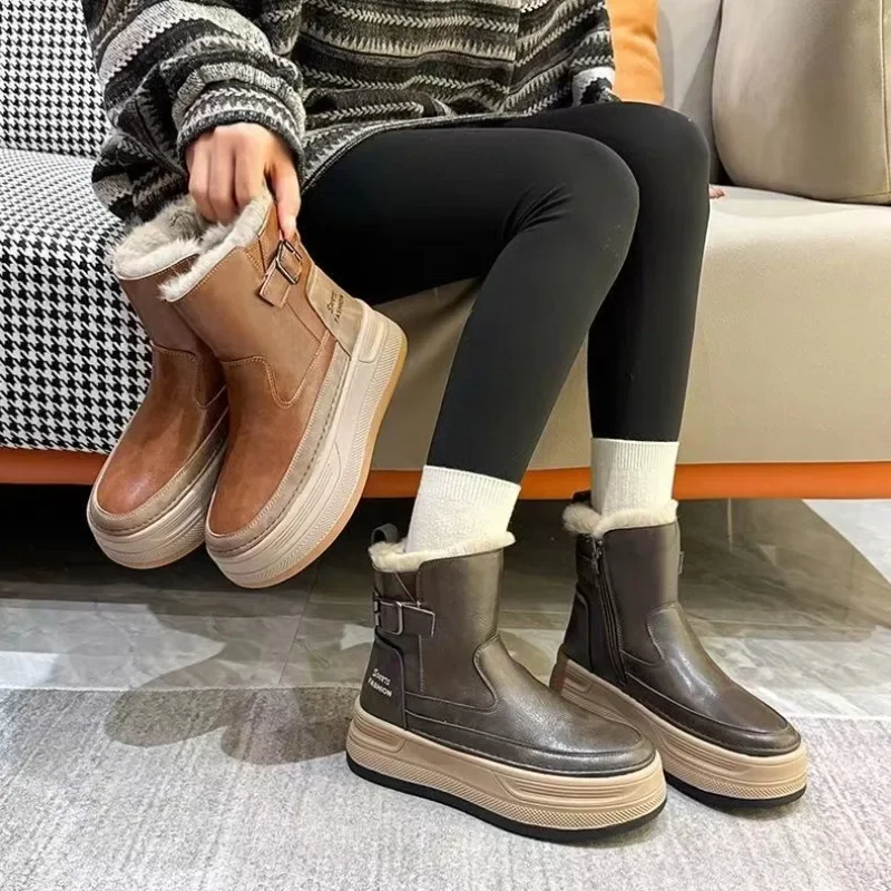 

Snow Boots for Woman 2025 New Winter Plush Warm Leather Ankle Boots Fashion Platform Non-slip Home Cotton Shoes
