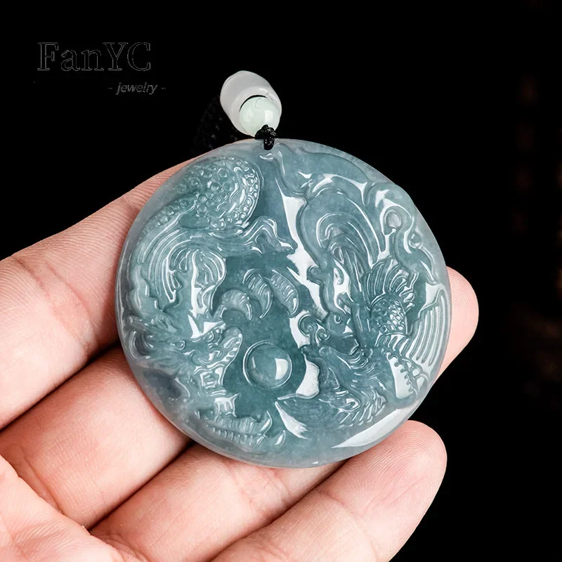 Natural A-goods Jadeite Blue Water Dragon and Phoenix Pendant Exquisite Fashion Simple Men and Women Couples Necklace Gift view 3
