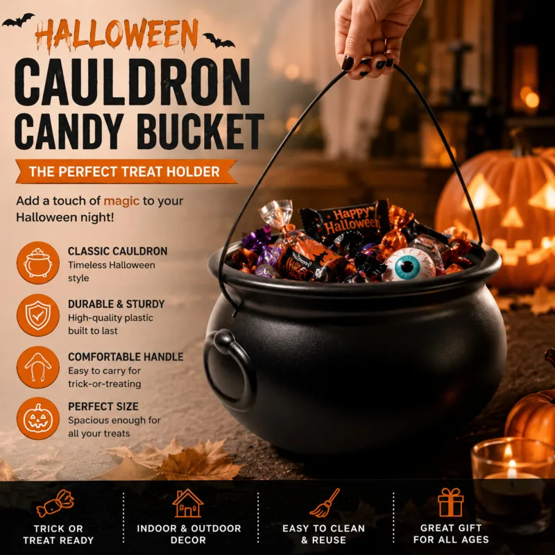Halloween 32cm Large Witch Cauldron Candy Bucket Reusable Plastic Trick or Treat Party Home Decor Portable Handle New