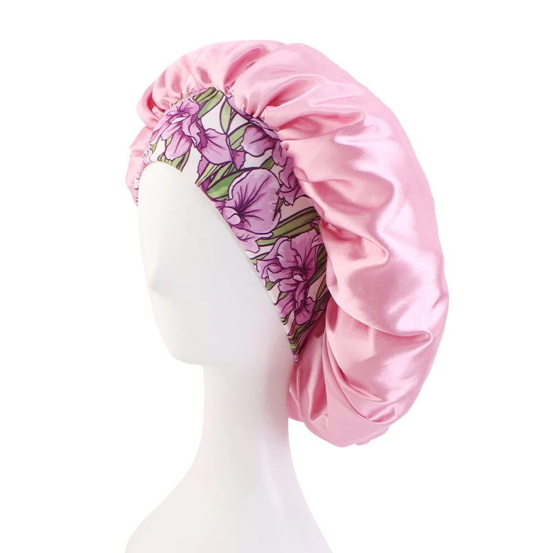 New Big Size Floral Print Bonnet Satin Wide Elastic Band Beanie Night Sleep Caps Head Cover African Headwrap Turban Chemo Caps