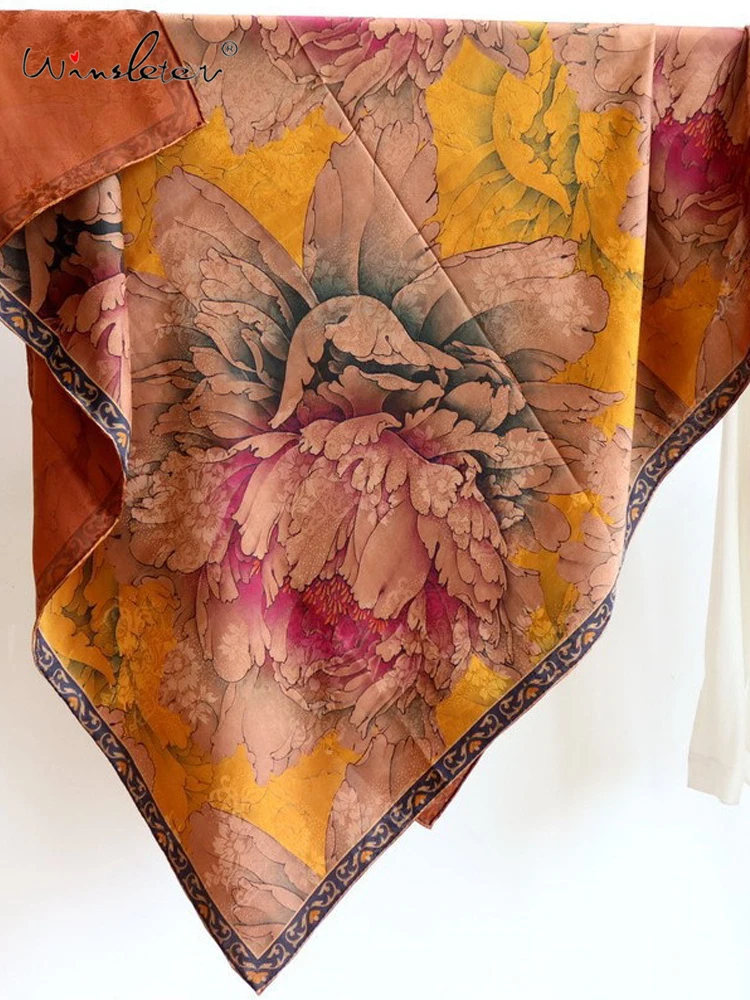 

Winsleter-100%Real Silk Watered Gauze Elegant Scarf, 108*108CM Floral Jacquard, Mom Vintage Shawl Scarves, 2026 Spring A62218CC