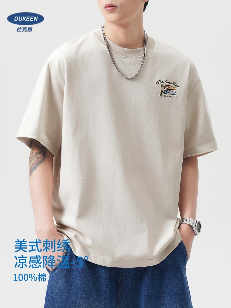 

DUKEEN 240 г, трендовые мужские футболки с вышивкой, новинка лета 2025 года, повседневная футболка из чистого хлопка с короткими рукавами и короткими рукавами