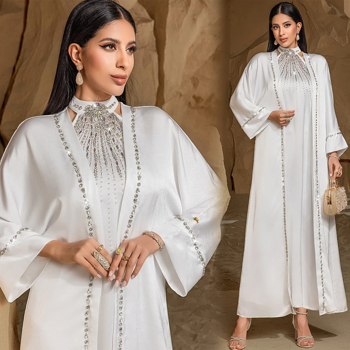 White two-piece Arabian robe, Middle Eastern kaftan fashion hand-sewn diamond dress skirt temperament classic luxury simple wome