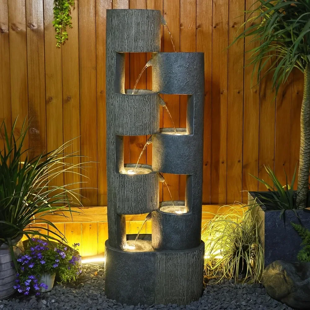 

51" Outdoor Water Fountain Uneven Cylinders Waterfalls Fountain Floor Standing Water Fountains with LED Lights