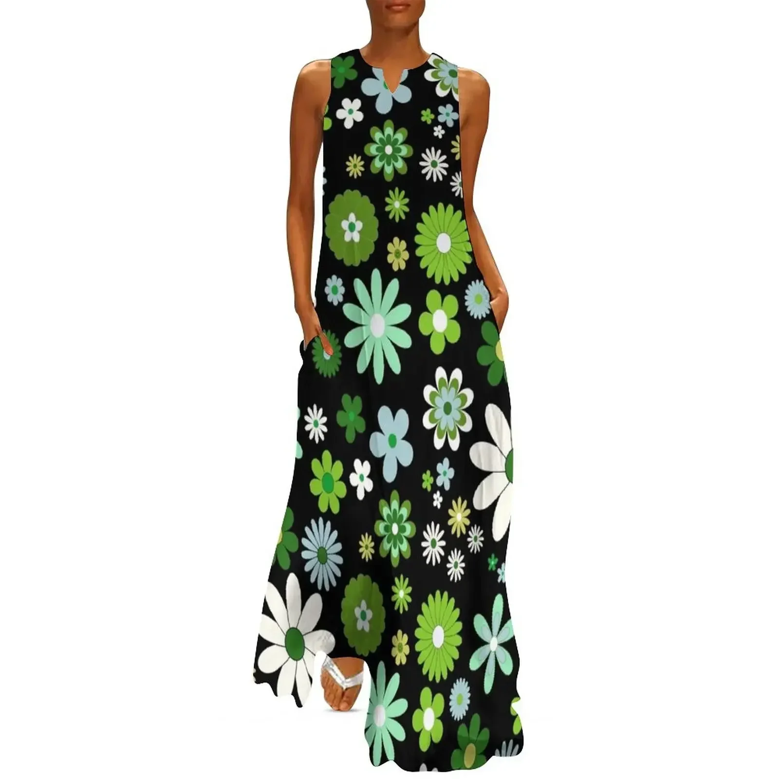 

Go Go Girl Retro 60's Greens, White, Black Fun French Design Long Dress prom dress Summer skirt Dress vintage