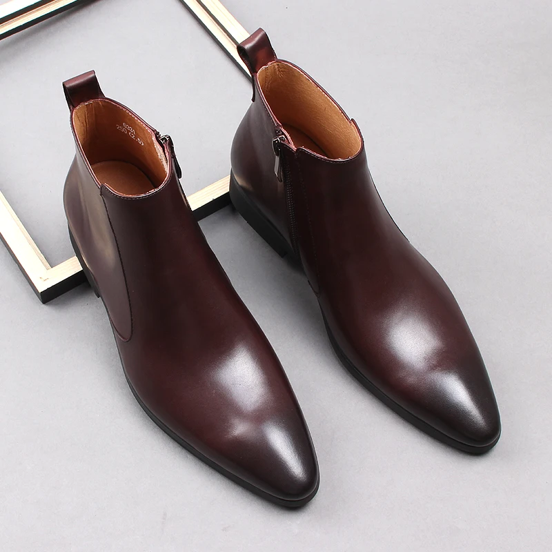 Genuine Leather Mens Ankle Boots Pointy Black Brown Formal Casual Dress Men\'s Shoes Boots Side Zipper Party Chelsea Boot M