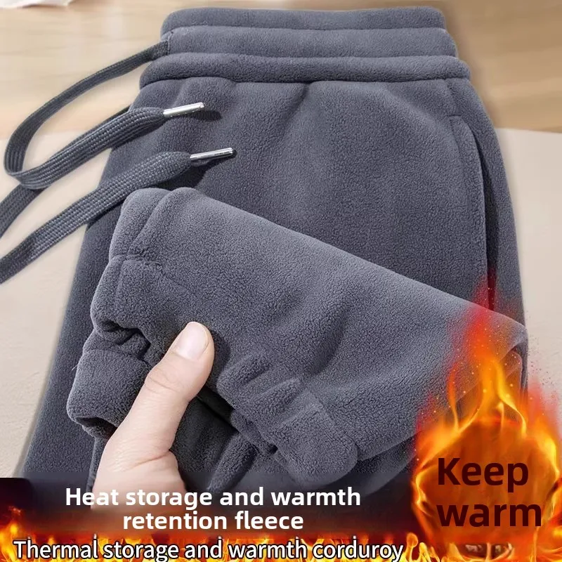 

Thiened Double-sided Fce Warm Casual Pants for Men Loose Fit Autumn Winter Polyester Fiber Elastic Waist Everyday Wear