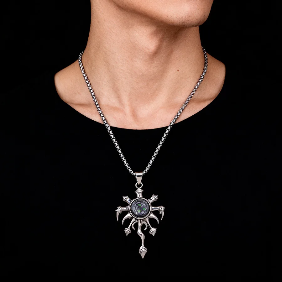 

DIY accessories Amazon retro creative inlaid compass flame hexagram pendant necklace punk hip hop long sweater chain