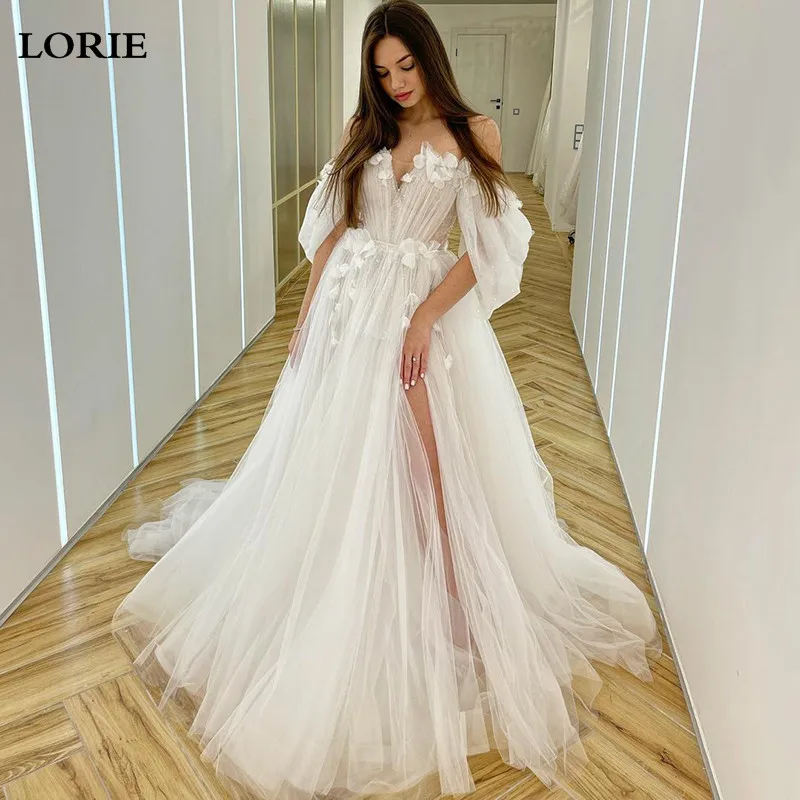 

LORIE Wedding Dresses Fairy Sweetheart Neck Boho Bride dresses 3D Flowers Puff Sleeve Elegant Wedding Gowns 2022 Customized