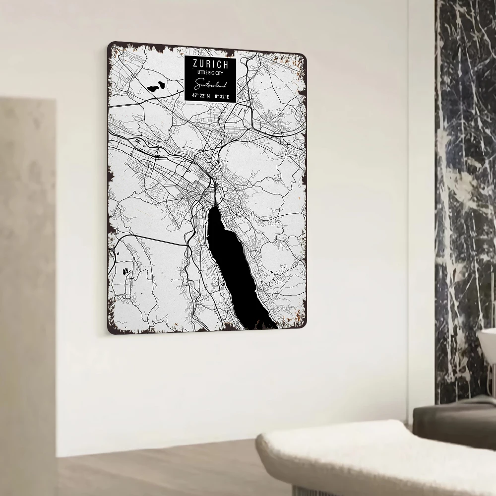 Zurich City Map Metal Wall Art Switzerland Landmark Decor Modern Minimalist Home Decoration for Living Room Study