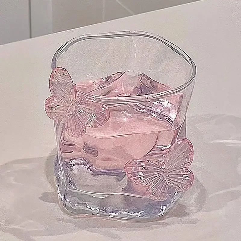 Taza de vidrio trenzado de whisky transparente de mariposa, taza de agua de alta belleza, vaso de cerveza, vasos de jugo para el hogar, cristalería para bebidas frías