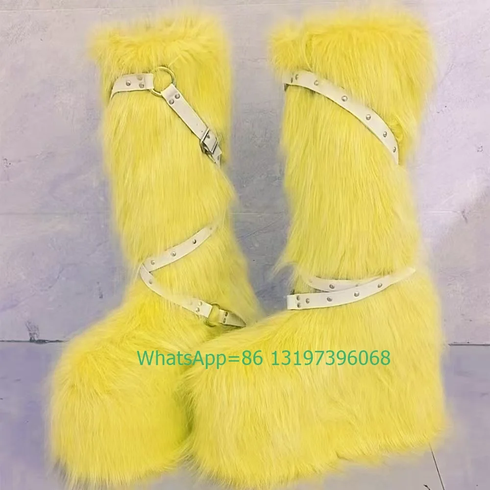 Lady white buckle strap fur vintage boots platform sexy Mary Janes Y2K style boots metal design cowboy boots size 35-46 footwear