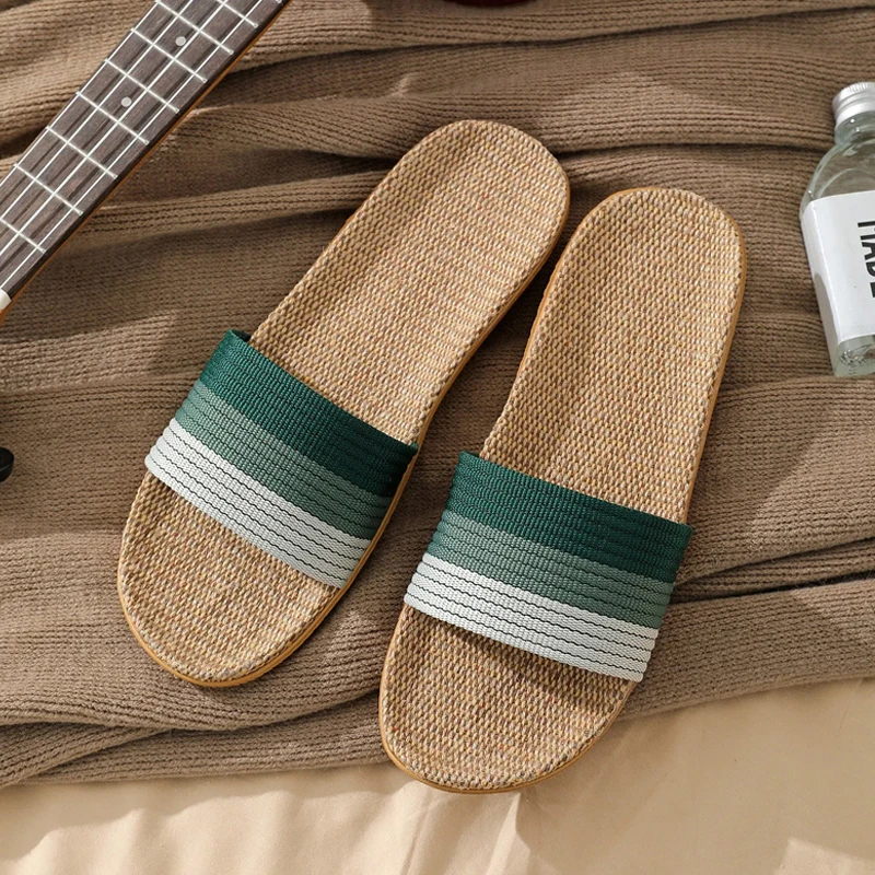

Women Slippers Linen Lightweight Beach Outside Flat Sandals Ladies Casual Summer Stripe Home Slippers Indoor House Slides