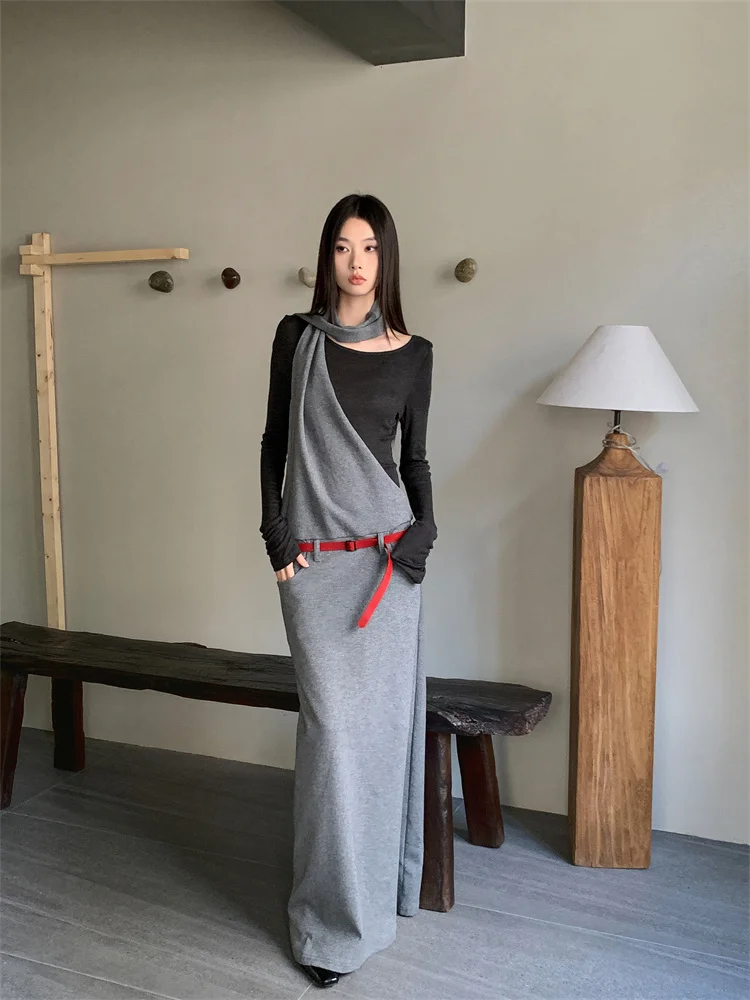 Primavera e outono novo estilo wasteland camada interna falso de duas peças manga longa halter pescoço cintura-concha longo marrom cinza vestido
