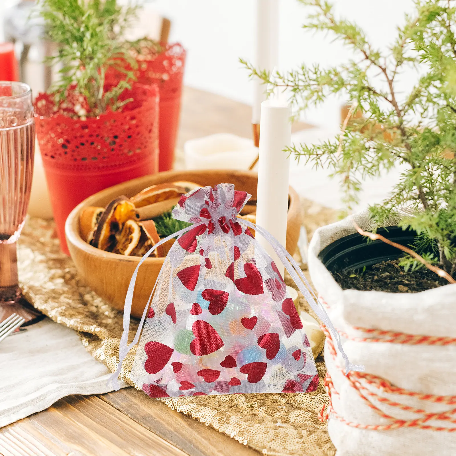 

25Pcs Heart Organza Drawstring Bags Small Jewelry Storage Pouches Gift Wedding Candy Party Favor Wrapping Bags