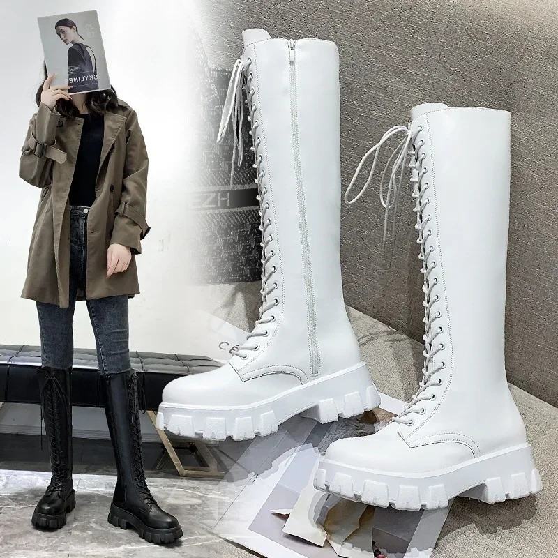 Women\'s Long High Boots White PU Leather Knee High Boots Female Fashion Lace Up Platform Botas Mujer thigh high boots size 43