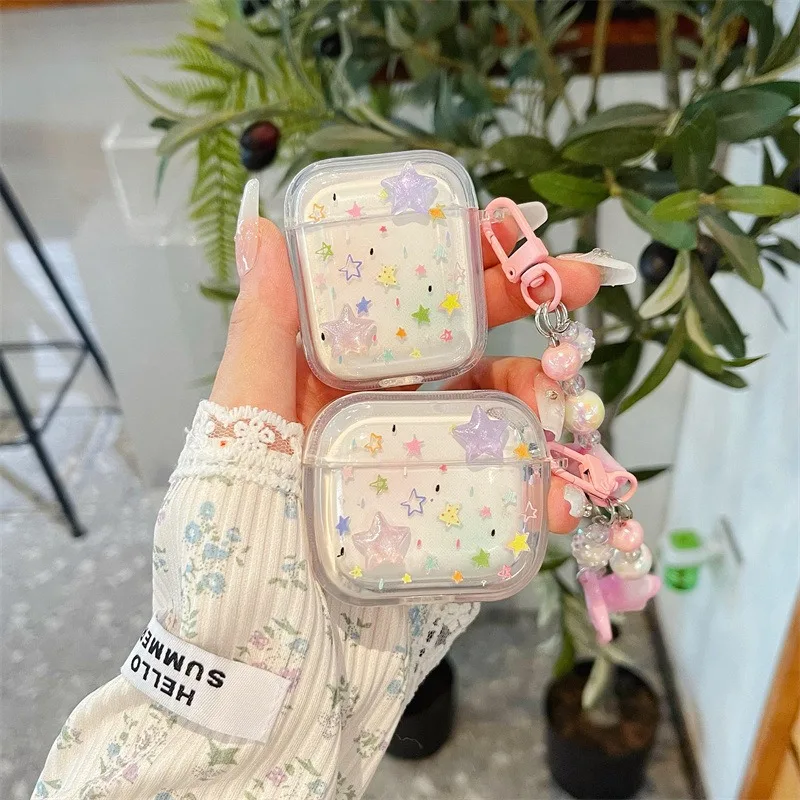 

INS Colorful Stars Transparent Case For AirPods 4 Pro 1 2 3 Pro2 Wireless Bluetooth Earphone Protective Cover Case with Keychain
