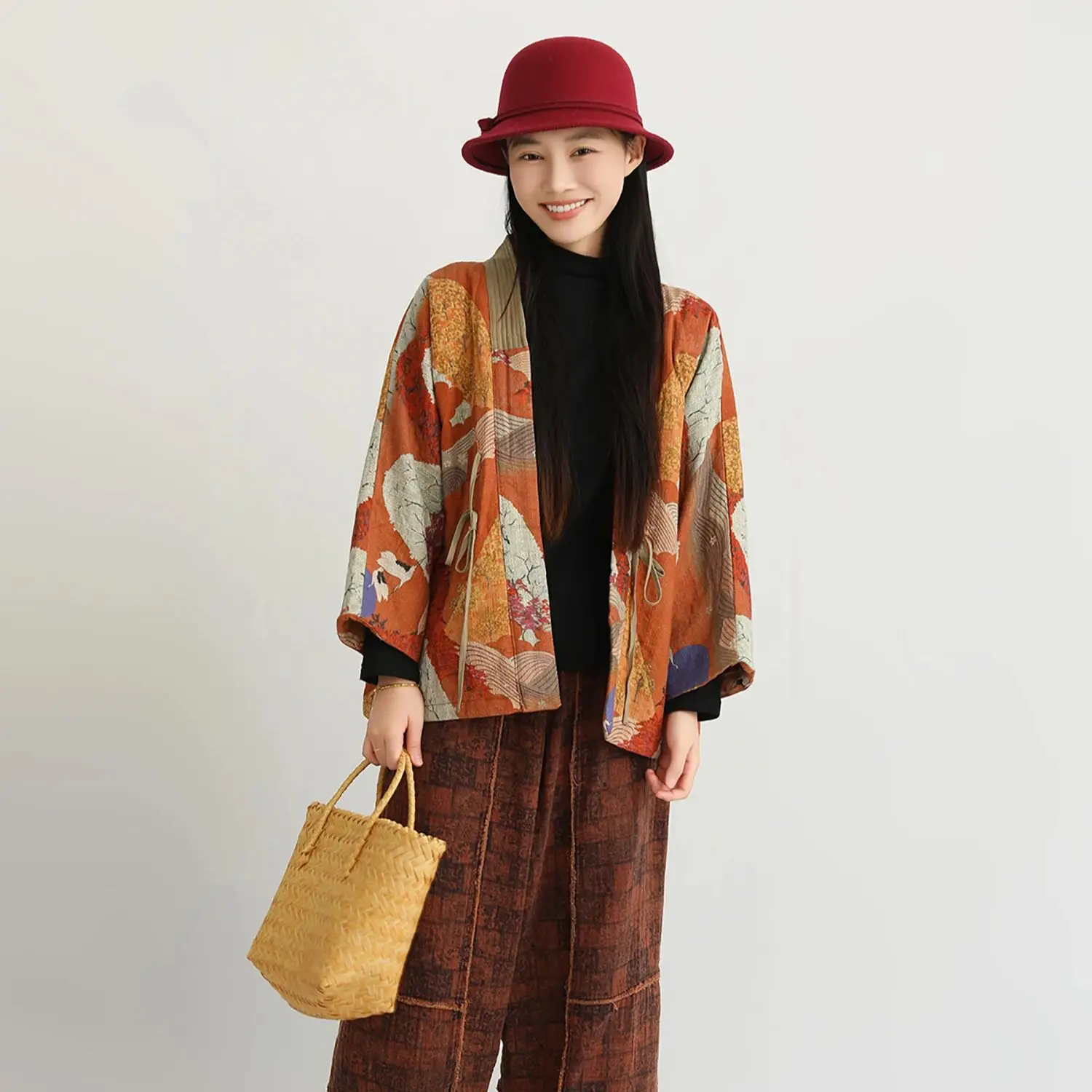 LZJN Women's Autumn/Winter Vintage Literary Print Padded Cotton Coat. Loose-Fit Belted Design with Elegant Tea-Inspired Style