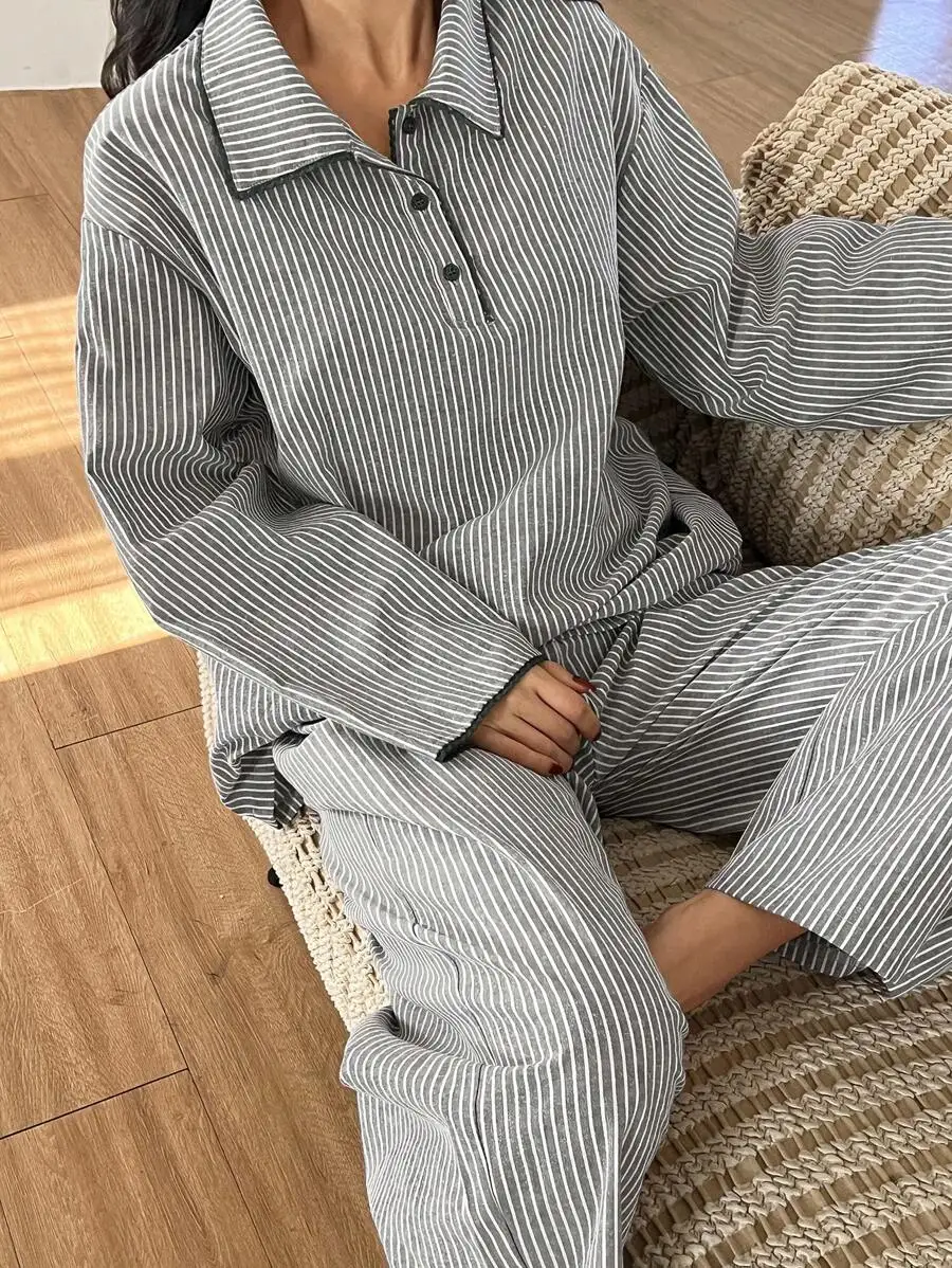 

Striped Half-Button Wavy Trim Loungewear Set Cozy Pajama Fall Winter