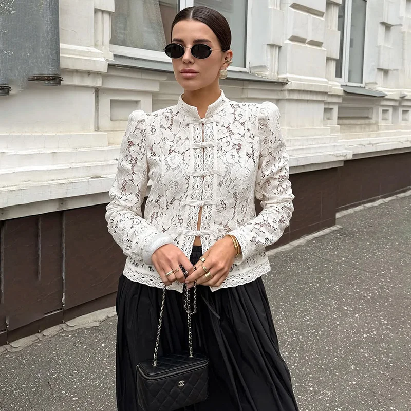 

Tornova 2025 New Lace Hook Flower Women's Shirt Fashion Commuting Long Sleeve Cardigan Top Retro Slim Stand Collar Lady Blouses
