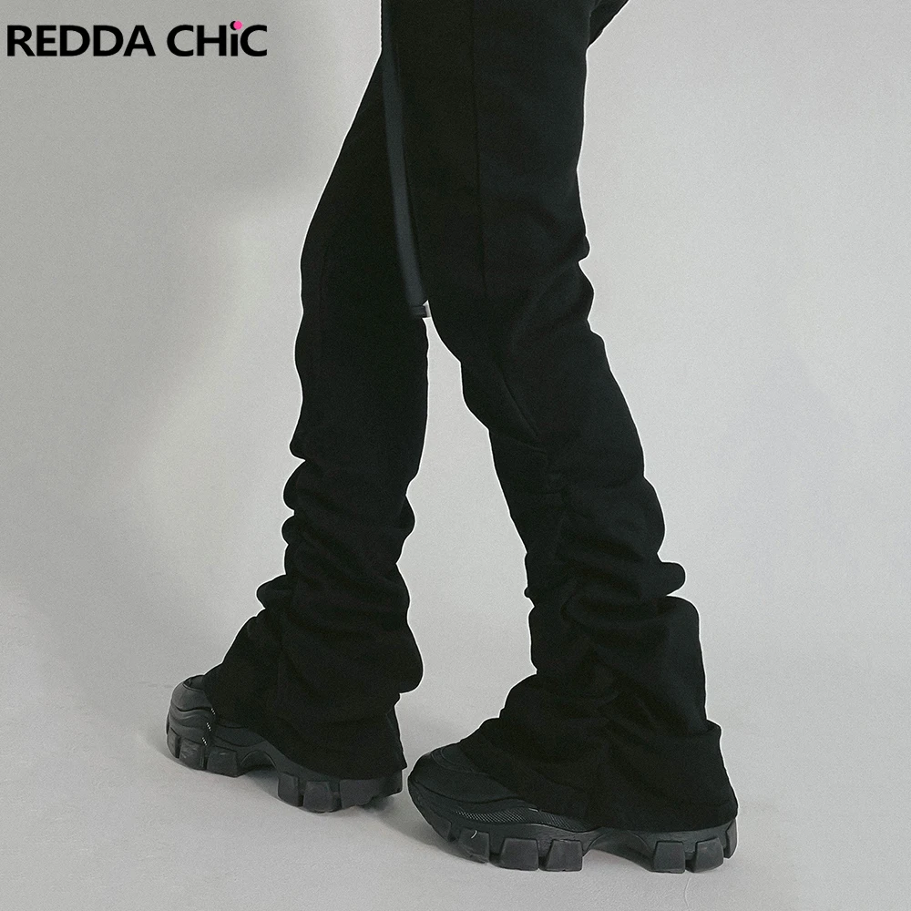 ReddaChic 無地ブラック スタックドジーンズ レディース ストレッチ スリムフィット フレア ブーツカットパンツ グランジ Y2K ラッフルヘム ハイウエスト デニム トラウザーズ